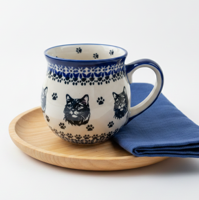 Ceramiczny kubek czeski Bolesławiec z kotem - Kubek czeski Bolesławiecki z motywem kota - pomysły na prezent dla kociarzy