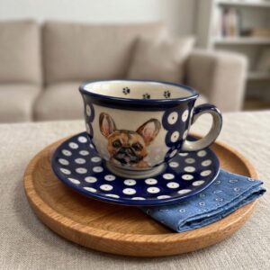 Filiżanka Bolesławiec 250 ml ze spodkiem – Buldog Francuski płowy ręcznie malowana – Art Line