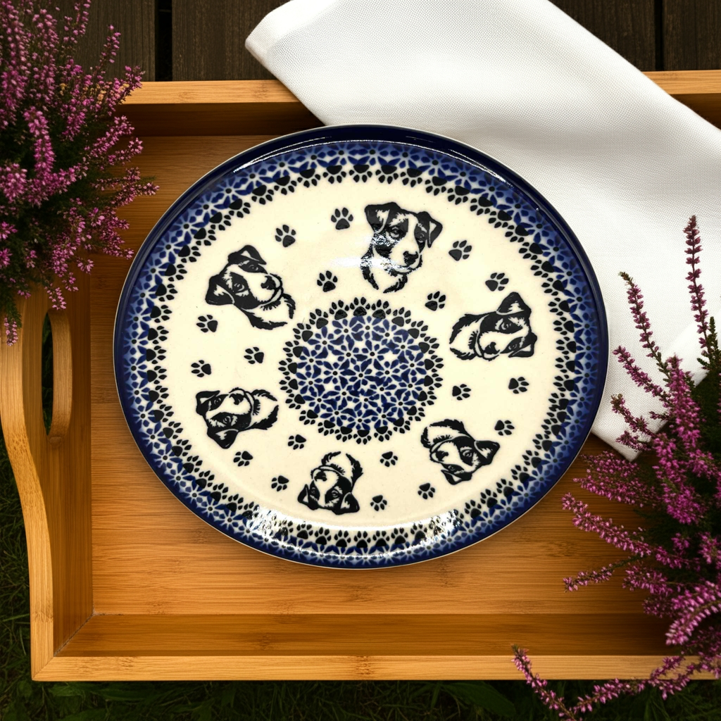 Ceramiczny talerz deserowy Bolesławiec z motywem Jack Russella